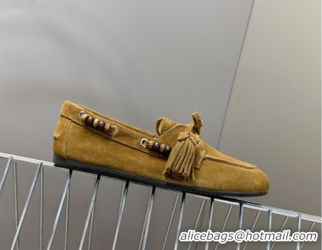 Lower Price Miu Miu Tassel and Beads Loafers in Suede Leather Olive Green 5D518E 1025010 2025
