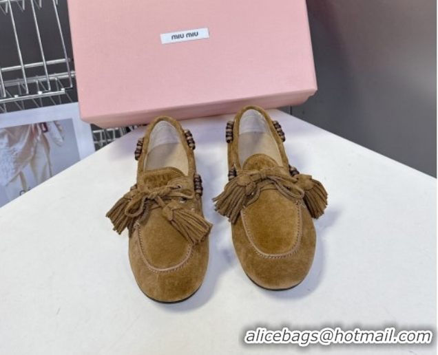 Lower Price Miu Miu Tassel and Beads Loafers in Suede Leather Olive Green 5D518E 1025010 2025