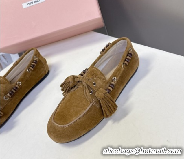 Lower Price Miu Miu Tassel and Beads Loafers in Suede Leather Olive Green 5D518E 1025010 2025