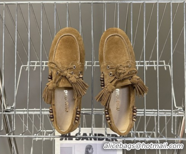 Lower Price Miu Miu Tassel and Beads Loafers in Suede Leather Olive Green 5D518E 1025010 2025