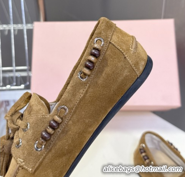 Lower Price Miu Miu Tassel and Beads Loafers in Suede Leather Olive Green 5D518E 1025010 2025