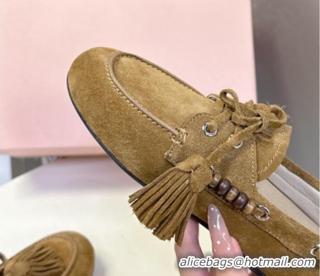 Lower Price Miu Miu Tassel and Beads Loafers in Suede Leather Olive Green 5D518E 1025010 2025