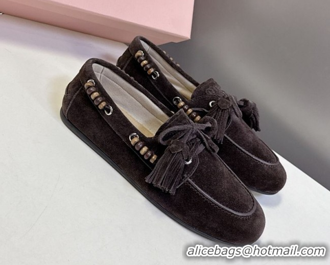 Discount Miu Miu Tassel and Beads Loafers in Suede Leather Dark Brown 5D518E 1025011 2025