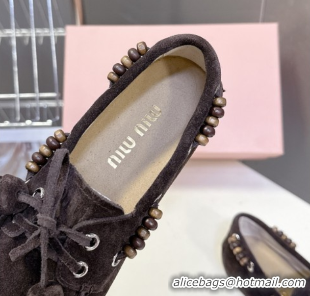 Discount Miu Miu Tassel and Beads Loafers in Suede Leather Dark Brown 5D518E 1025011 2025