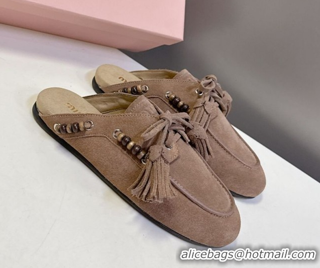 Unique Discount Miu Miu Tassel and Beads Mules in Suede Leather Beige 5D518E 1025012 2025