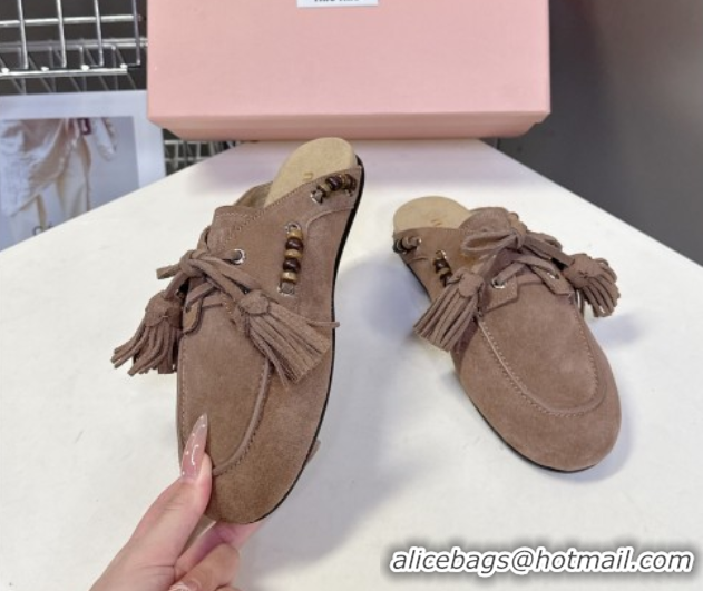Unique Discount Miu Miu Tassel and Beads Mules in Suede Leather Beige 5D518E 1025012 2025