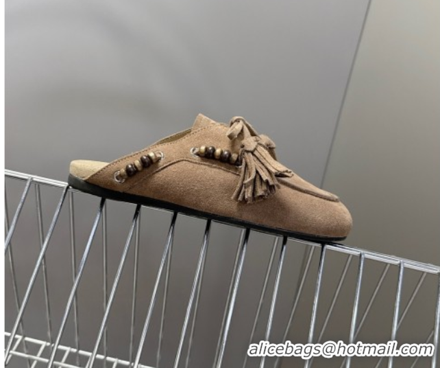 Unique Discount Miu Miu Tassel and Beads Mules in Suede Leather Beige 5D518E 1025012 2025