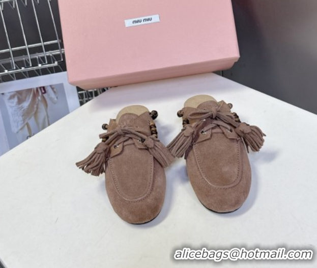 Unique Discount Miu Miu Tassel and Beads Mules in Suede Leather Beige 5D518E 1025012 2025