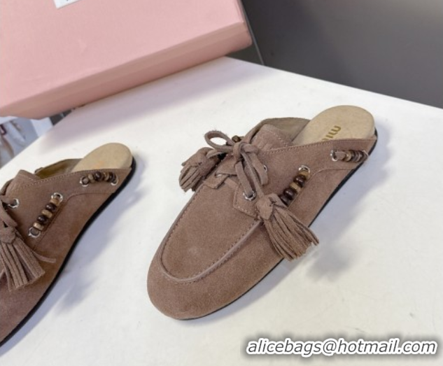 Unique Discount Miu Miu Tassel and Beads Mules in Suede Leather Beige 5D518E 1025012 2025