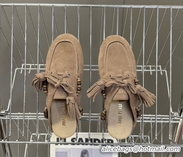 Unique Discount Miu Miu Tassel and Beads Mules in Suede Leather Beige 5D518E 1025012 2025