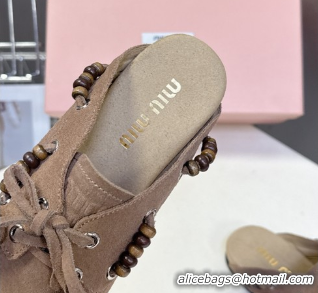 Unique Discount Miu Miu Tassel and Beads Mules in Suede Leather Beige 5D518E 1025012 2025