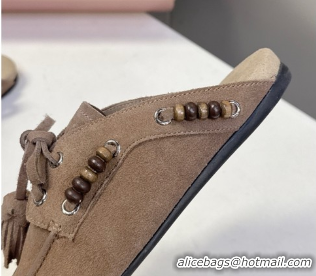 Unique Discount Miu Miu Tassel and Beads Mules in Suede Leather Beige 5D518E 1025012 2025