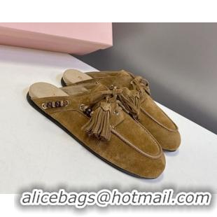 Best Price Miu Miu Tassel and Beads Mules in Suede Leather Olive Green 5D518E 1025013