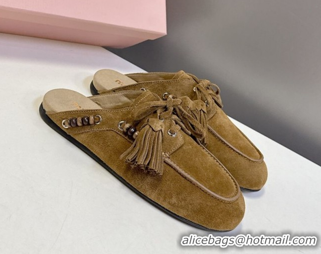 Best Price Miu Miu Tassel and Beads Mules in Suede Leather Olive Green 5D518E 1025013