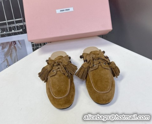 Best Price Miu Miu Tassel and Beads Mules in Suede Leather Olive Green 5D518E 1025013