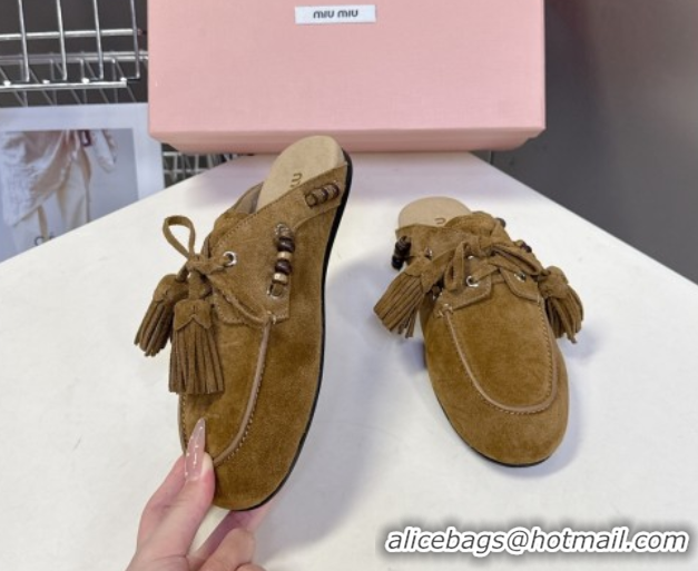 Best Price Miu Miu Tassel and Beads Mules in Suede Leather Olive Green 5D518E 1025013