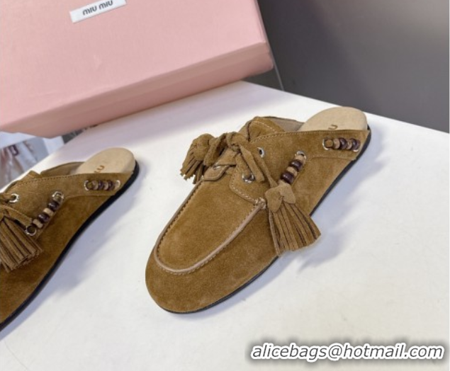Best Price Miu Miu Tassel and Beads Mules in Suede Leather Olive Green 5D518E 1025013