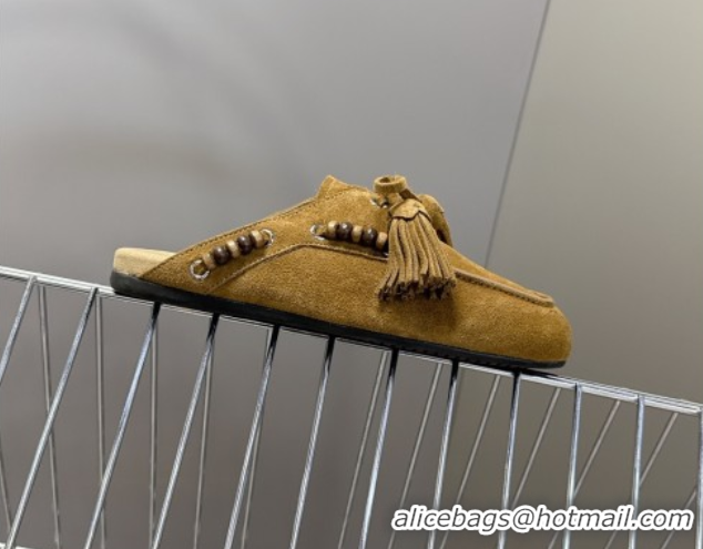 Best Price Miu Miu Tassel and Beads Mules in Suede Leather Olive Green 5D518E 1025013