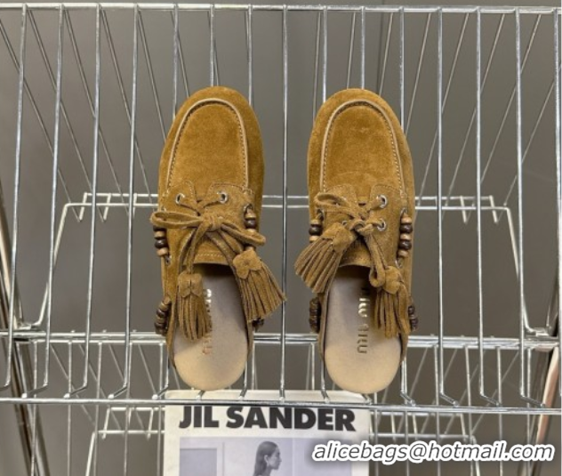 Best Price Miu Miu Tassel and Beads Mules in Suede Leather Olive Green 5D518E 1025013