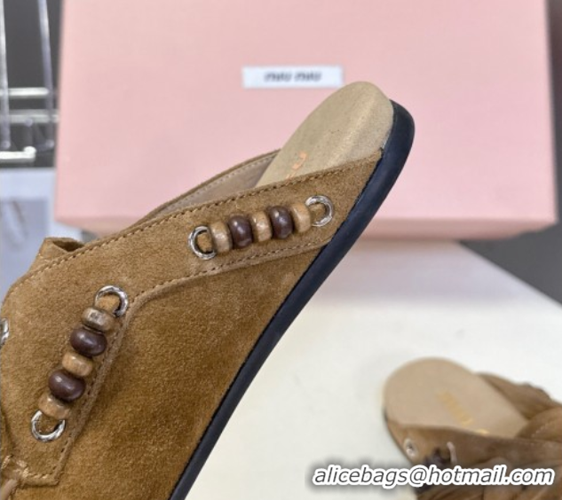 Best Price Miu Miu Tassel and Beads Mules in Suede Leather Olive Green 5D518E 1025013