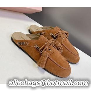 Discount Miu Miu Tassel and Beads Mules in Suede Leather Brown 5D518E 1025014 2025