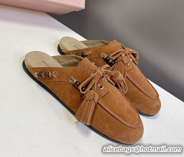 Discount Miu Miu Tassel and Beads Mules in Suede Leather Brown 5D518E 1025014 2025