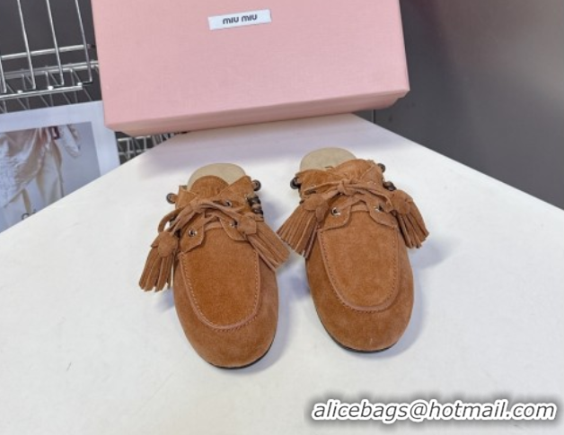 Discount Miu Miu Tassel and Beads Mules in Suede Leather Brown 5D518E 1025014 2025