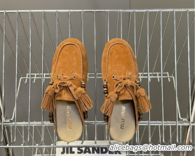 Discount Miu Miu Tassel and Beads Mules in Suede Leather Brown 5D518E 1025014 2025