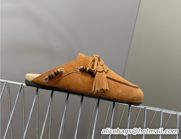 Discount Miu Miu Tassel and Beads Mules in Suede Leather Brown 5D518E 1025014 2025