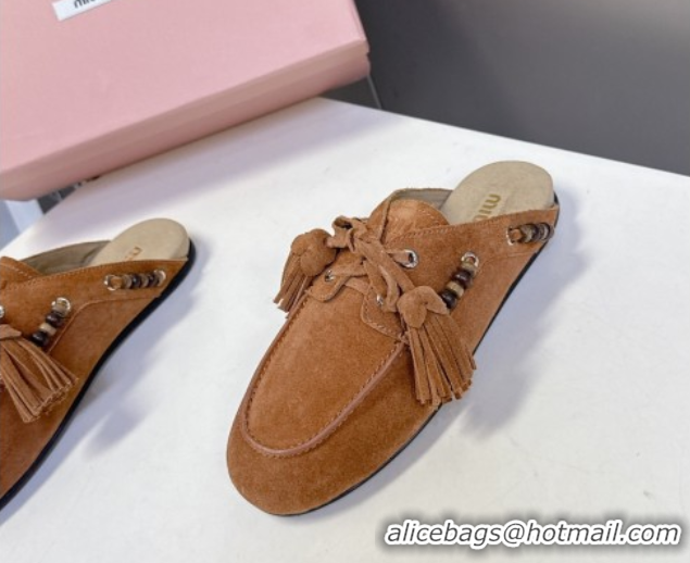 Discount Miu Miu Tassel and Beads Mules in Suede Leather Brown 5D518E 1025014 2025