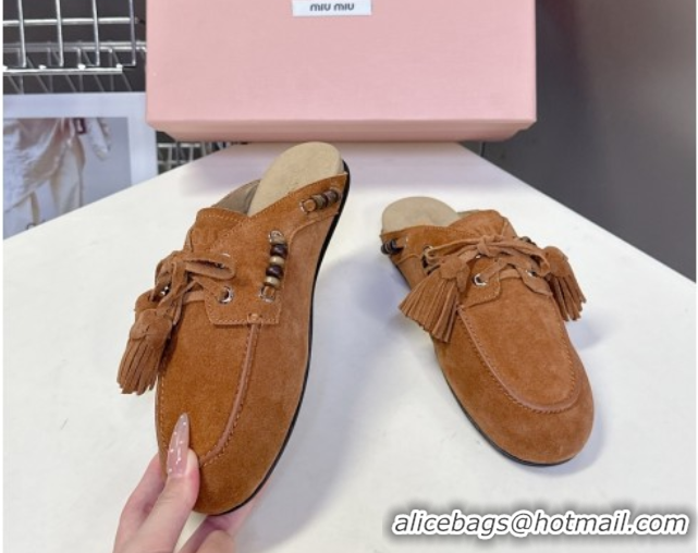 Discount Miu Miu Tassel and Beads Mules in Suede Leather Brown 5D518E 1025014 2025