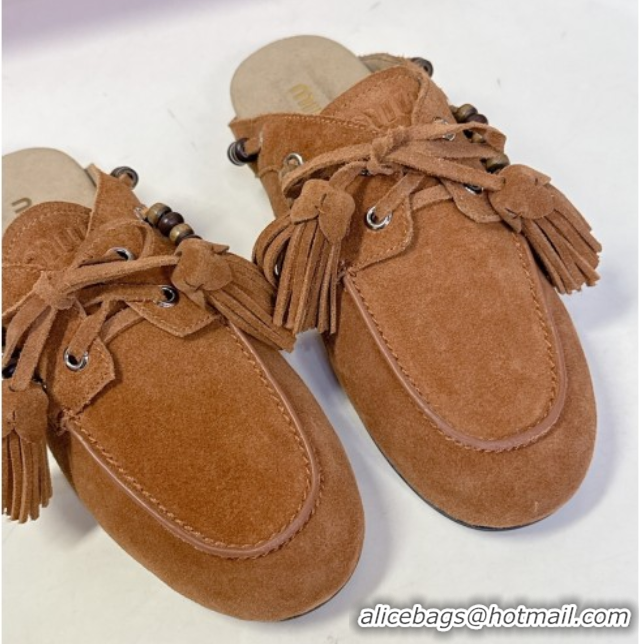 Discount Miu Miu Tassel and Beads Mules in Suede Leather Brown 5D518E 1025014 2025