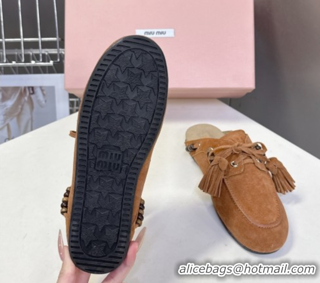 Discount Miu Miu Tassel and Beads Mules in Suede Leather Brown 5D518E 1025014 2025