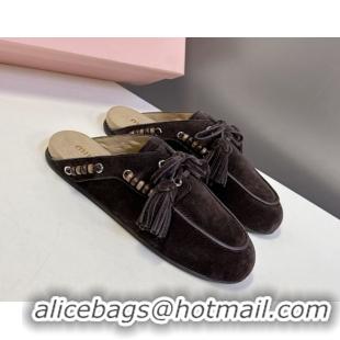 Hot Style Miu Miu Tassel and Beads Mules in Suede Leather Dark Brown 5D518E 1025015 2025