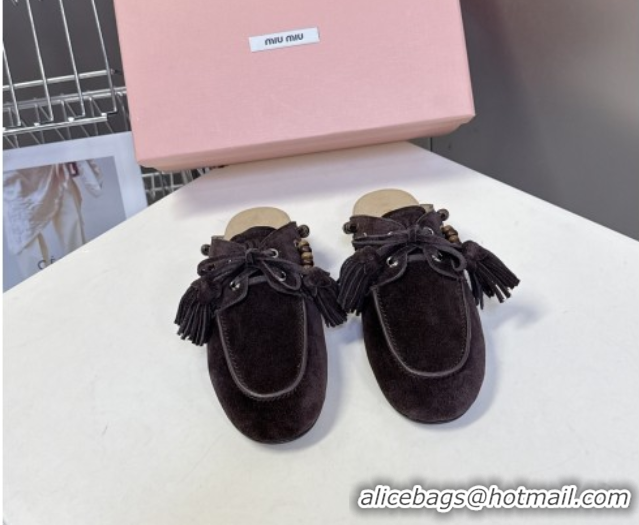 Hot Style Miu Miu Tassel and Beads Mules in Suede Leather Dark Brown 5D518E 1025015 2025