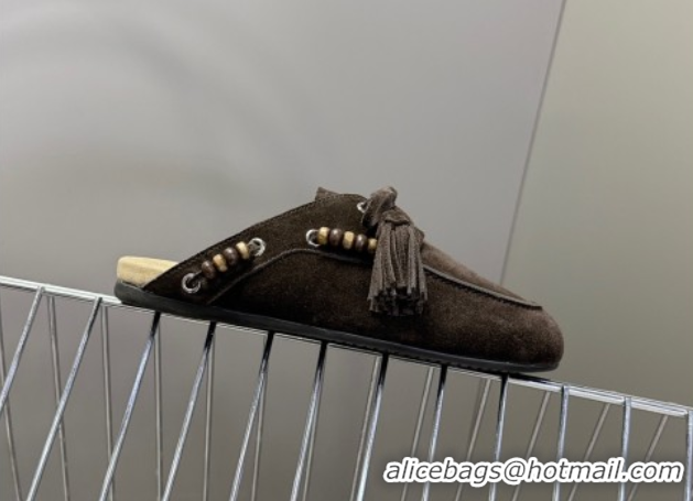 Hot Style Miu Miu Tassel and Beads Mules in Suede Leather Dark Brown 5D518E 1025015 2025