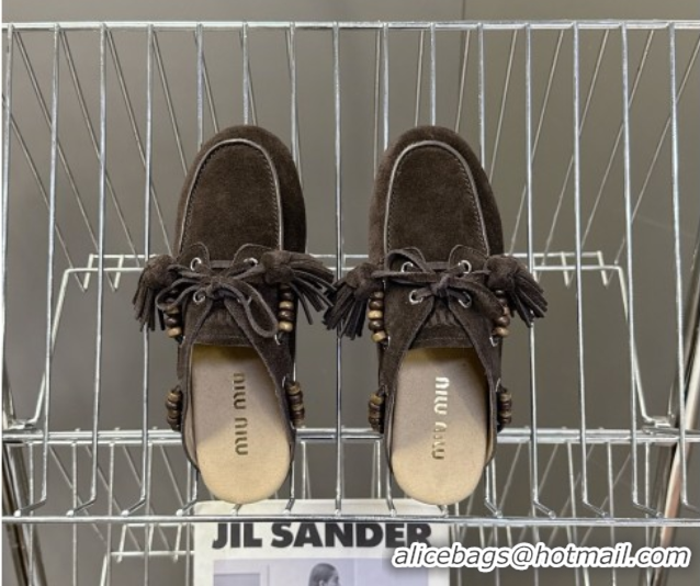 Hot Style Miu Miu Tassel and Beads Mules in Suede Leather Dark Brown 5D518E 1025015 2025