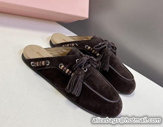 Hot Style Miu Miu Tassel and Beads Mules in Suede Leather Dark Brown 5D518E 1025015 2025