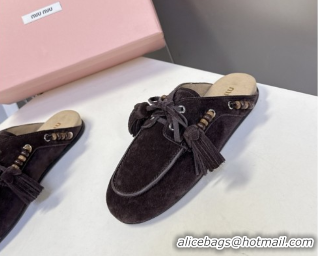 Hot Style Miu Miu Tassel and Beads Mules in Suede Leather Dark Brown 5D518E 1025015 2025