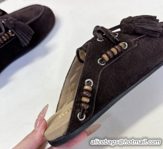 Hot Style Miu Miu Tassel and Beads Mules in Suede Leather Dark Brown 5D518E 1025015 2025