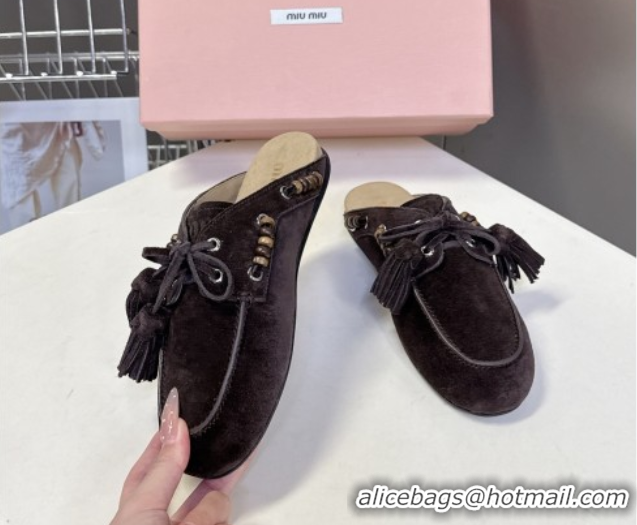 Hot Style Miu Miu Tassel and Beads Mules in Suede Leather Dark Brown 5D518E 1025015 2025