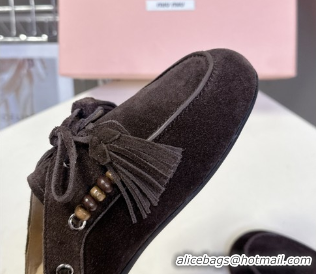 Hot Style Miu Miu Tassel and Beads Mules in Suede Leather Dark Brown 5D518E 1025015 2025