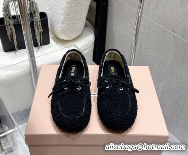 Good Looking Miu Miu Shearling Laced-up Loafers with Bow Black 5D525E 1025016 2025