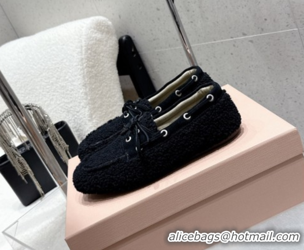 Good Looking Miu Miu Shearling Laced-up Loafers with Bow Black 5D525E 1025016 2025