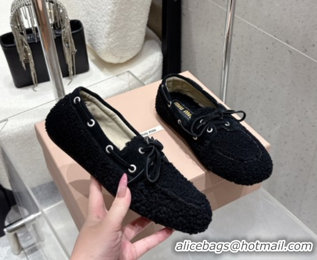 Good Looking Miu Miu Shearling Laced-up Loafers with Bow Black 5D525E 1025016 2025