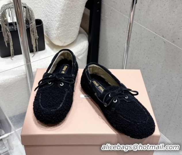 Good Looking Miu Miu Shearling Laced-up Loafers with Bow Black 5D525E 1025016 2025