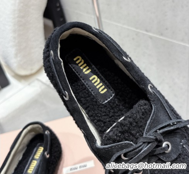 Good Looking Miu Miu Shearling Laced-up Loafers with Bow Black 5D525E 1025016 2025