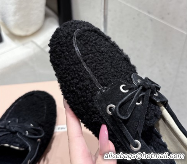 Good Looking Miu Miu Shearling Laced-up Loafers with Bow Black 5D525E 1025016 2025