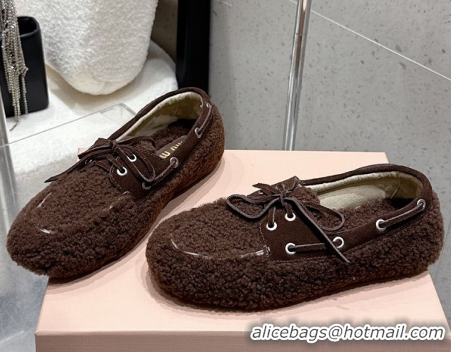 Luxury Miu Miu Shearling Laced-up Loafers with Bow Dark Brown 5D525E 1025018 2025