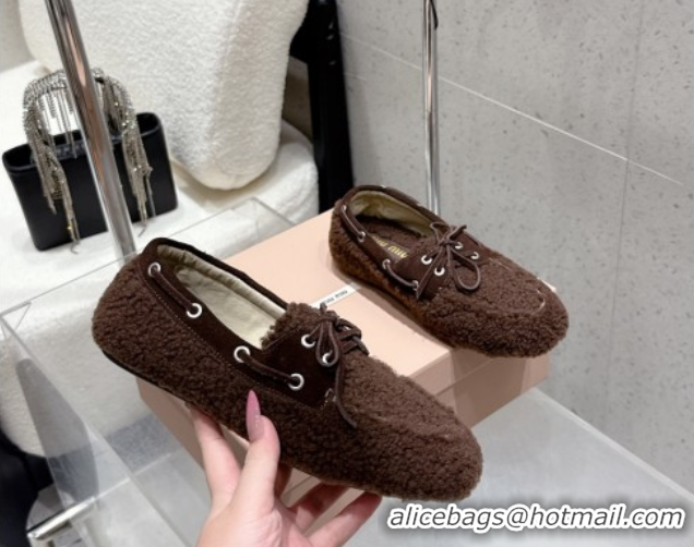 Luxury Miu Miu Shearling Laced-up Loafers with Bow Dark Brown 5D525E 1025018 2025